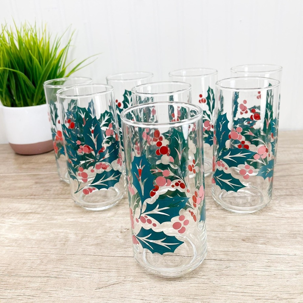 Vintage Holly Berries Glass Tumbler Set of 8, Christmas Indiana Glass 16oz